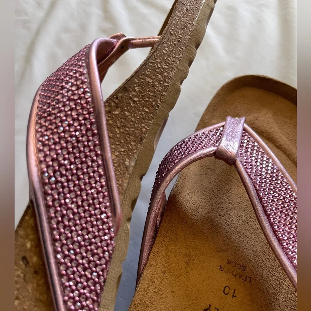 Metallic Pink, Shimmery Italian Shoemakers Cork Wedge Thong Sandals 1.5” H NWOT